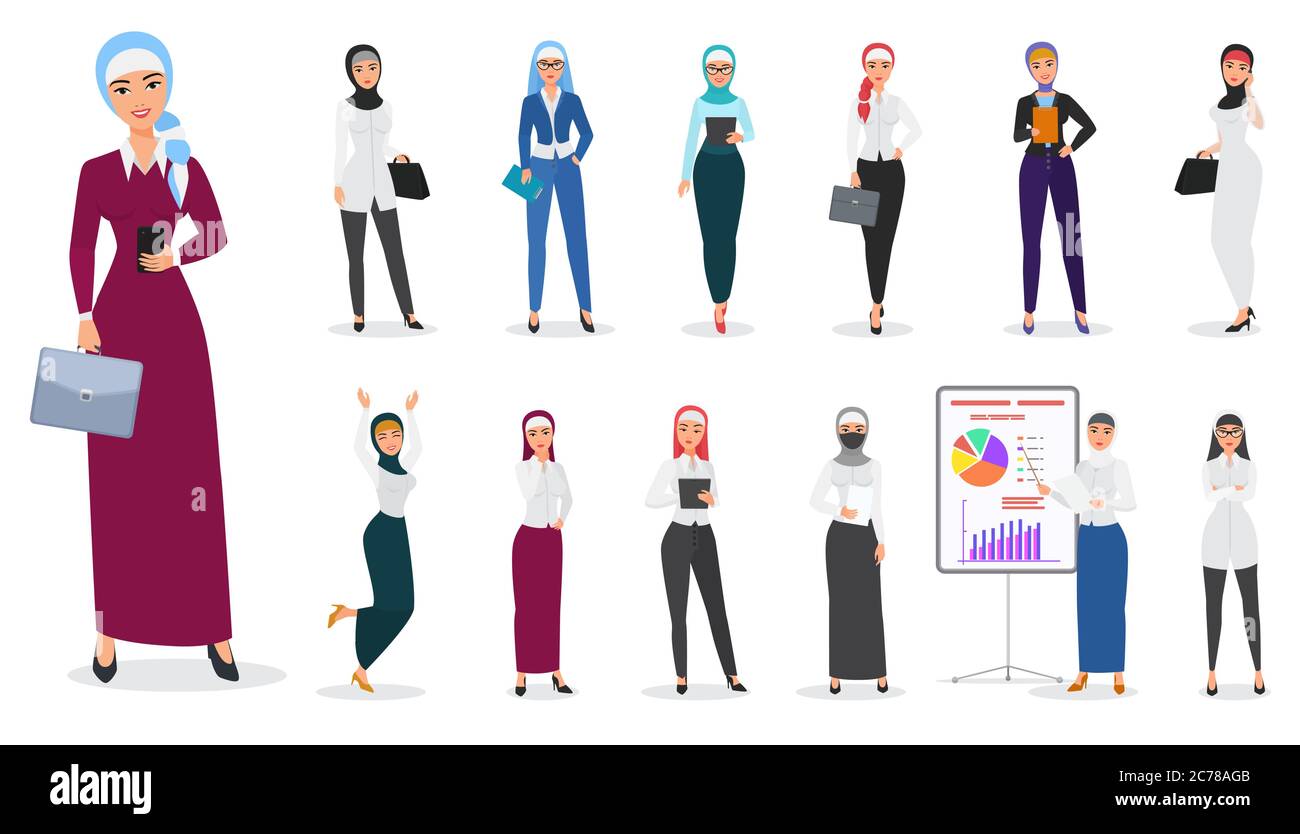 Insieme vettoriale di musulmano arabo carattere donna d'affari pone Illustrazione Vettoriale