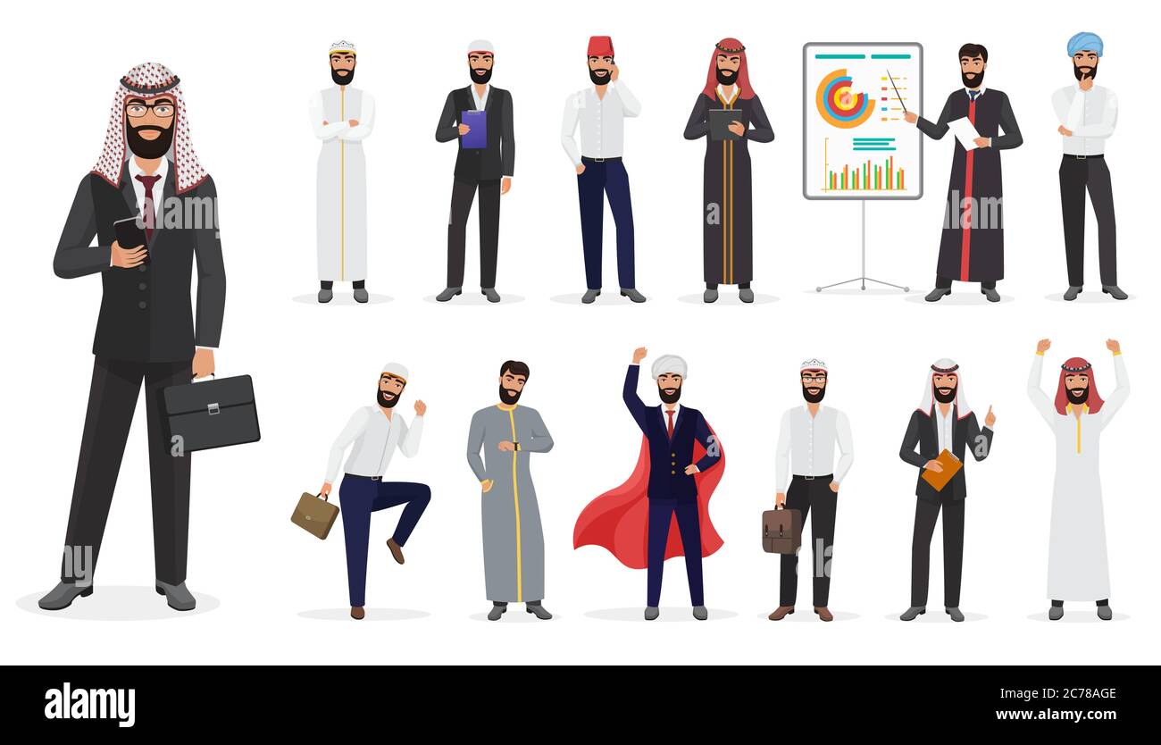 Vettore arabo musulmano businessman maschile set di caratteri Illustrazione Vettoriale