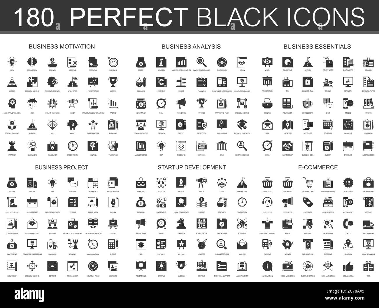 Motivazione aziendale, analisi aziendale, elementi essenziali per l'azienda, progetto aziendale, sviluppo startup, e-commerce. Mini icone nere simboli concettuali. Pittogramma moderno dell'icona vettoriale Illustrazione Vettoriale
