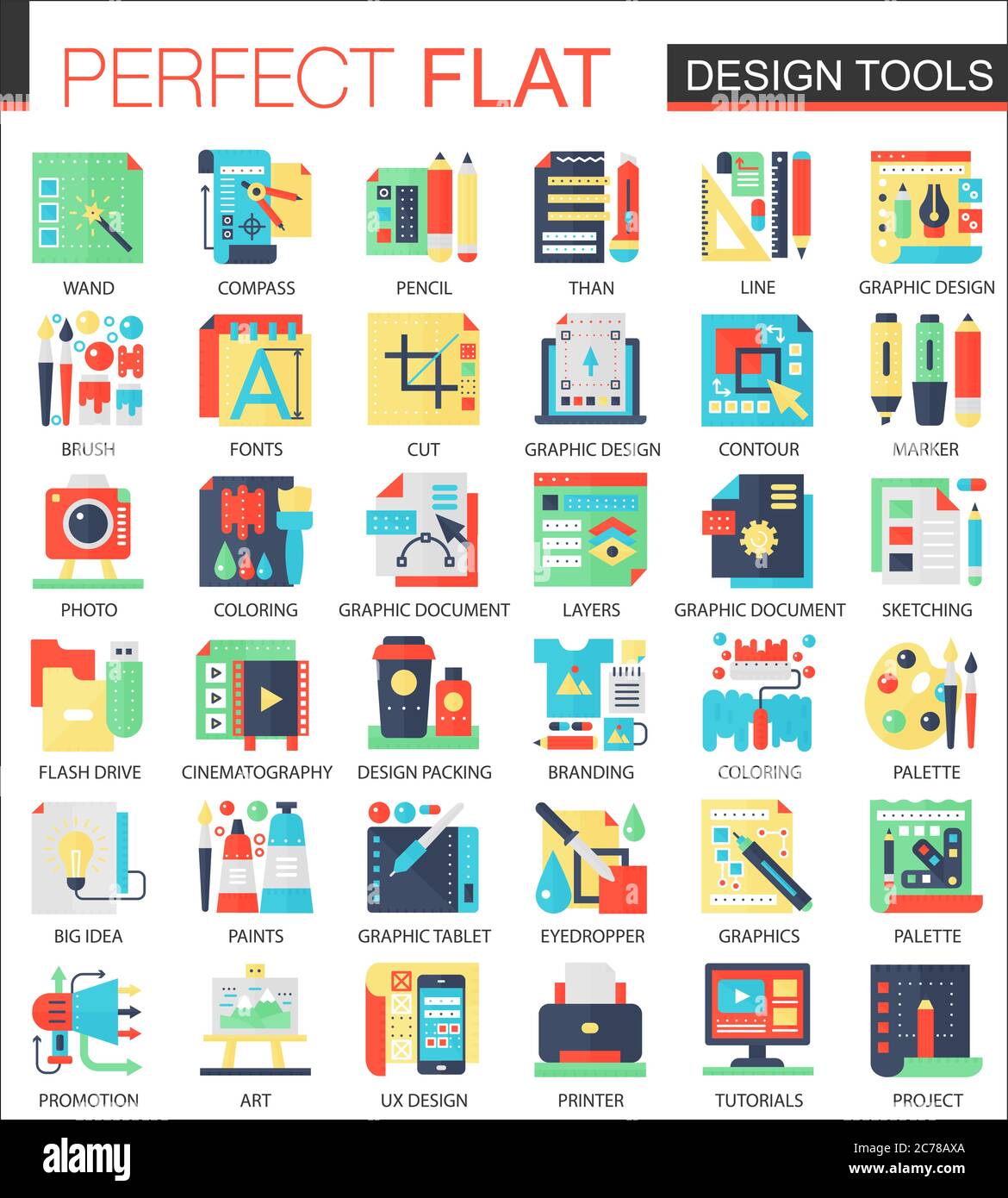 Strumenti di interfaccia di progettazione simboli di concetto di icone piatte complesse vettoriali per la progettazione di infografiche web Illustrazione Vettoriale