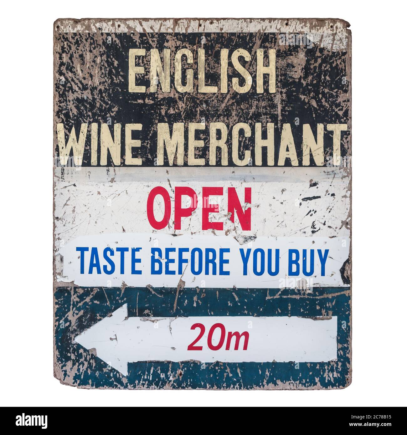 Molto vecchio e usurato segno d'annata di un mercante di vino inglese Foto Stock