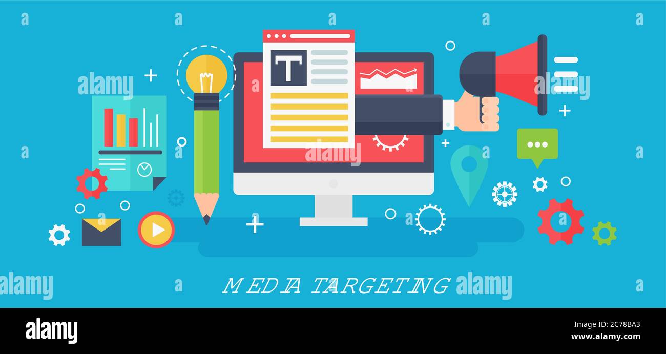 Banner di targeting Flat Modern Vector Concept Media con icone e testo Illustrazione Vettoriale