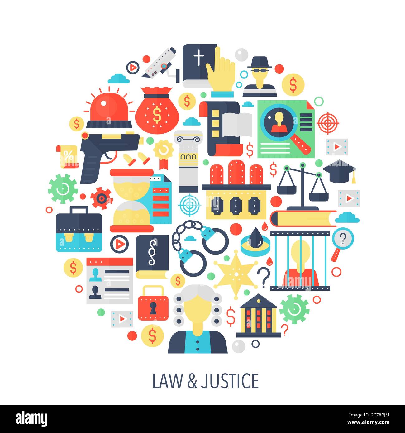 Informazioni legali, legali e giudiziarie icone piatte in cerchio - colore illustrazione concetto copertina, emblema, modello Illustrazione Vettoriale