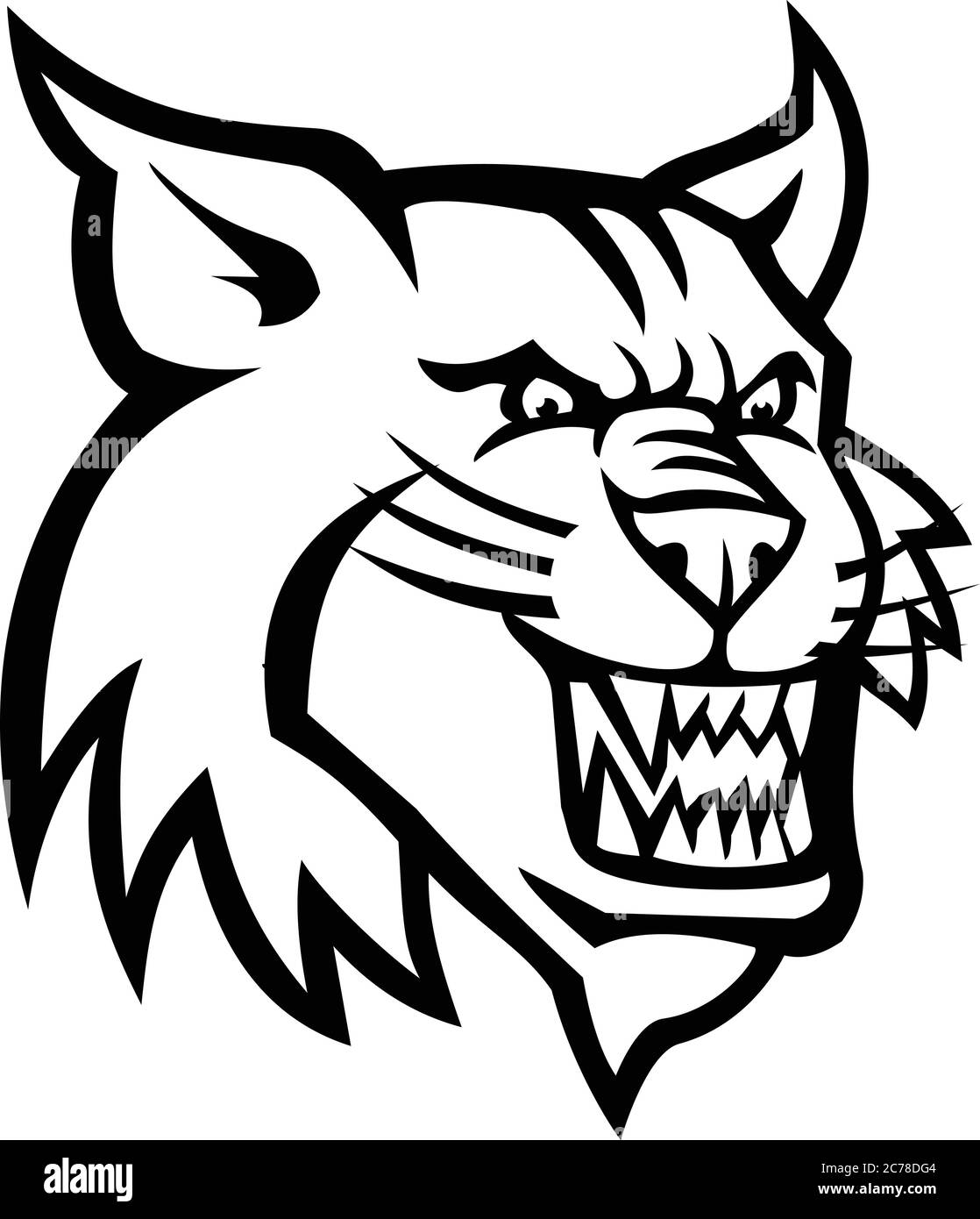 Mascotte in bianco e nero illustrazione di testa di un rocchetto o lince canadese, un gatto nordamericano, visto dalla parte anteriore su sfondo isolato in stile retrò Illustrazione Vettoriale