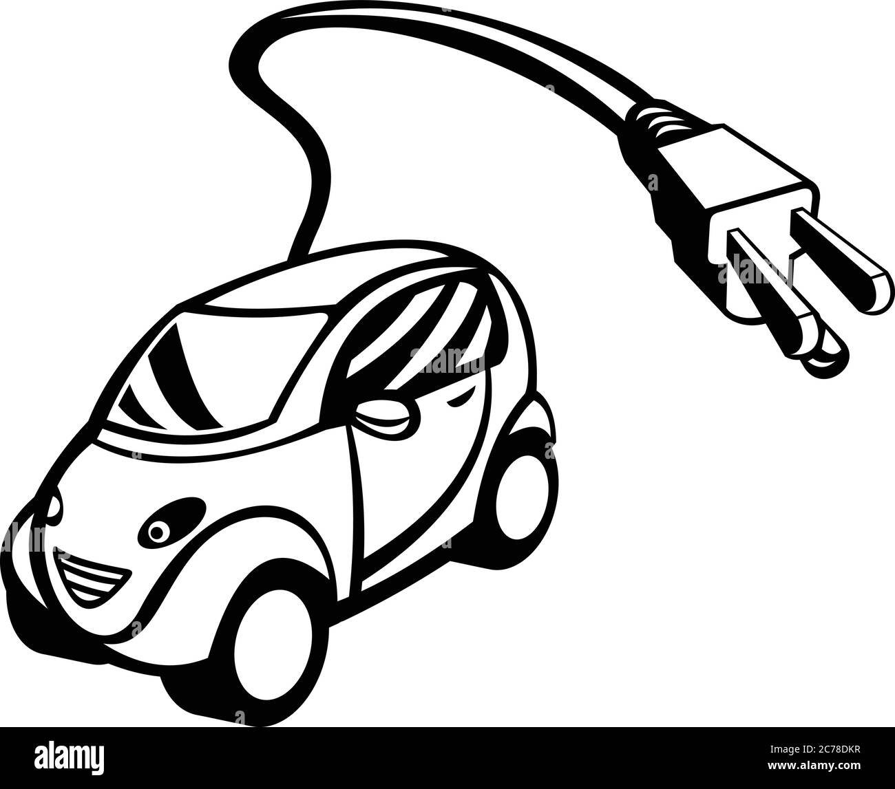 Immagine in stile retrò bianco e nero di un veicolo elettrico o di un'auto verde, un trasporto passeggeri alimentato da elettricità rinnovabile per far calare il green Illustrazione Vettoriale