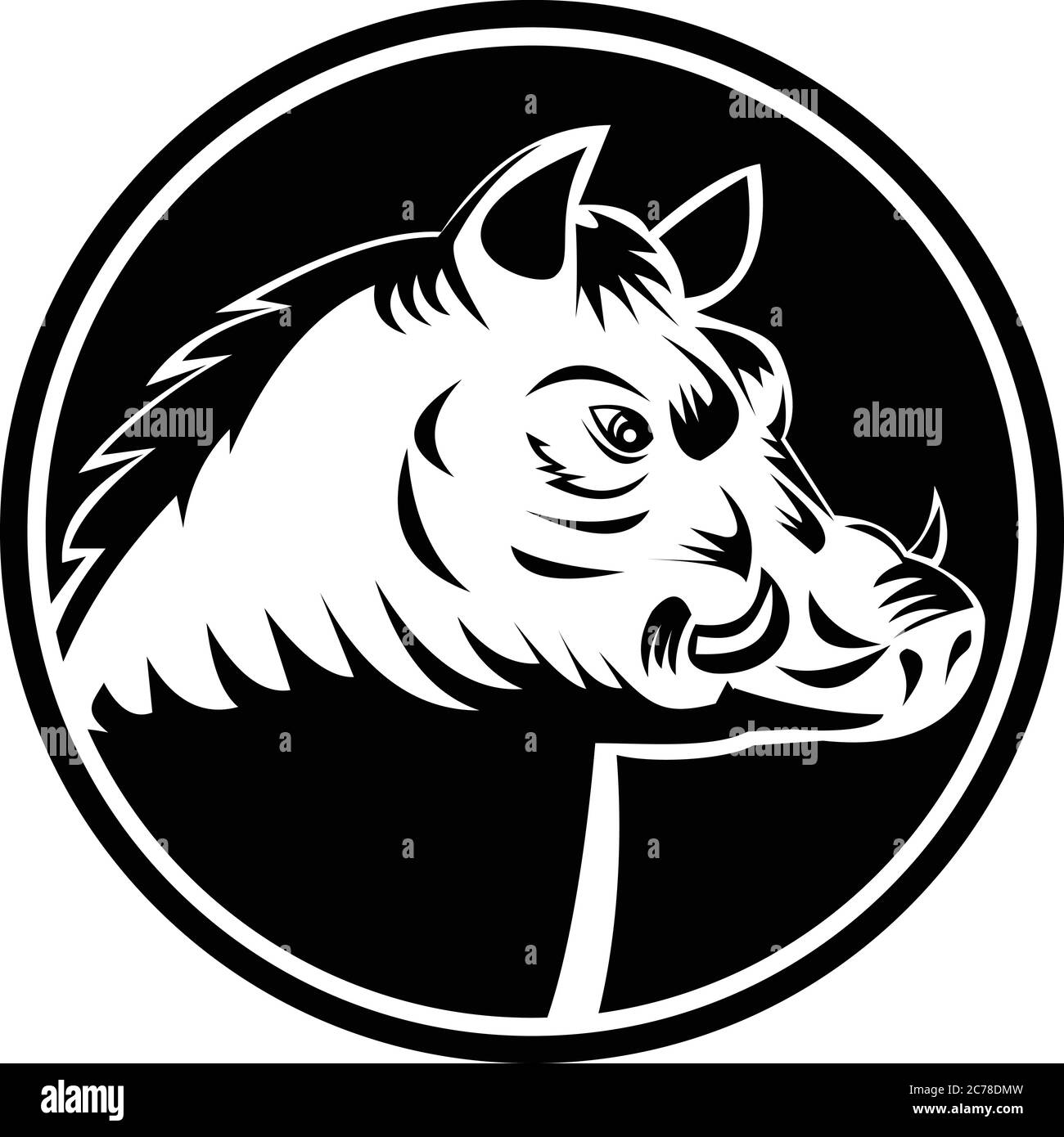 Retro woodcut illustrazione stile testa di un Razorback, maiale selvatico o feriale, un tipo di maiale domestico feriale, cinghiale o ibrido in Nord America insieme Illustrazione Vettoriale