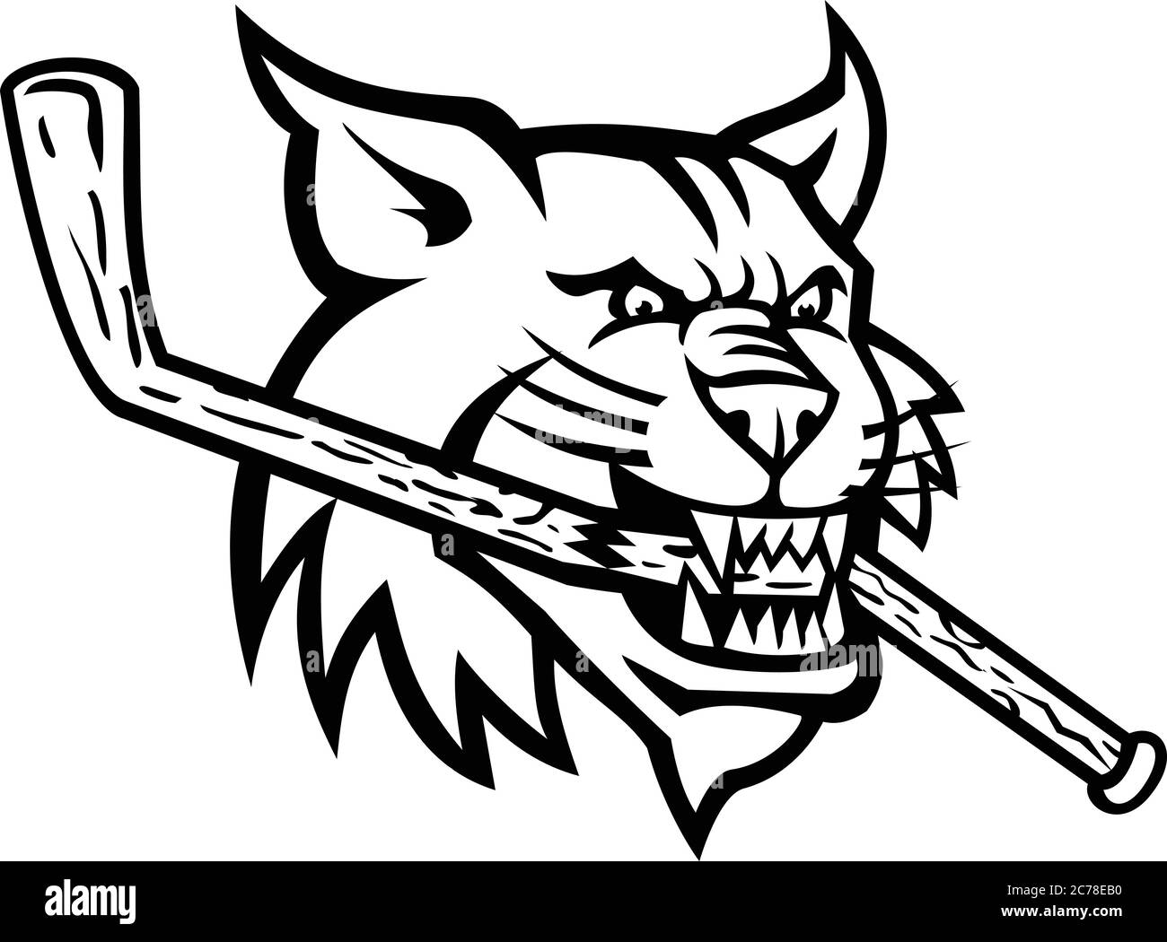 Mascotte in bianco e nero illustrazione di testa di un bob, un gatto nordamericano, che mordicchiava un bastone di hockey su ghiaccio rotto visto da un lato su un'isola di ba Illustrazione Vettoriale