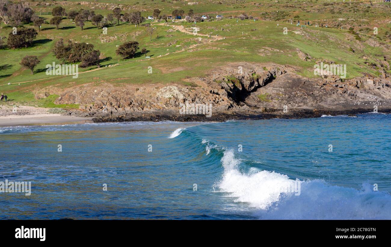 Un'onda che si infrange alla bellissima spiaggia fiorita nel profondo parco naturale del torrente in Australia del Sud il 14 2020 luglio Foto Stock
