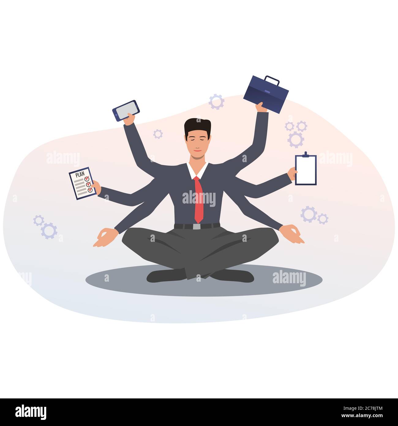 Uomo d'affari con molte mani multitasking e meditating, Vector Illustration Illustrazione Vettoriale