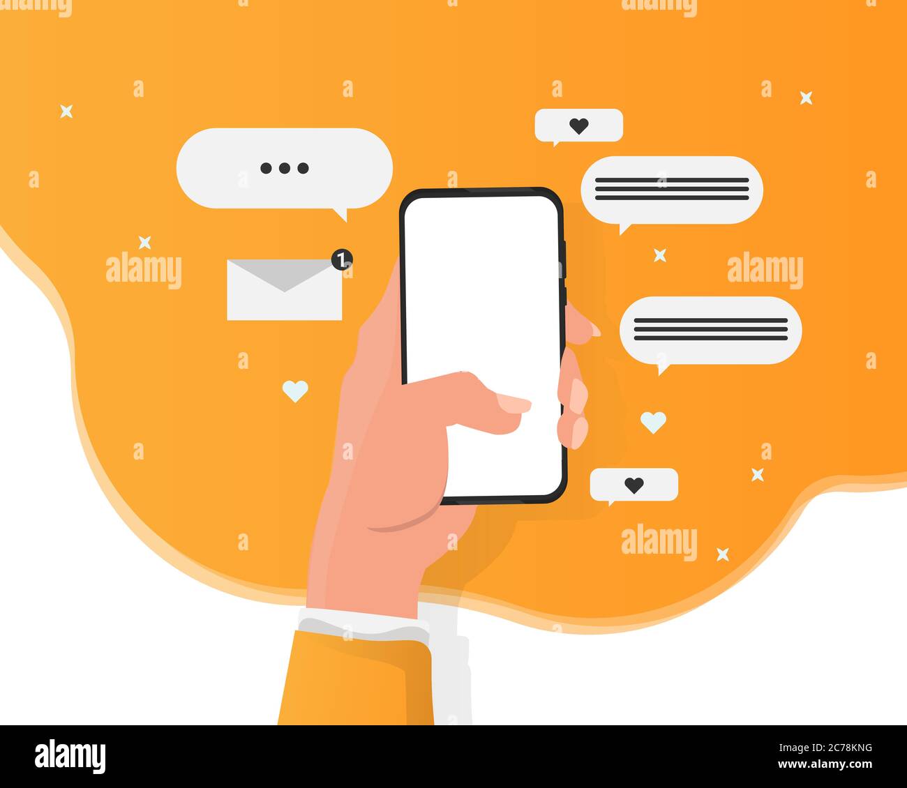 Donna mano Holding smartphone con icone messaggio, sfondo giallo, Illustrazione Illustrazione Vettoriale