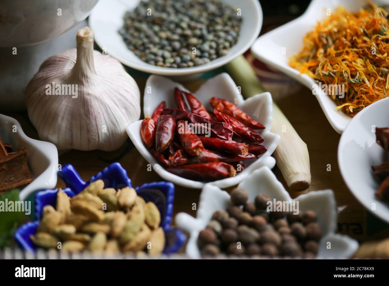 garam masala spezie rosso chili aglio cardamomo e tutte le spezie Foto Stock