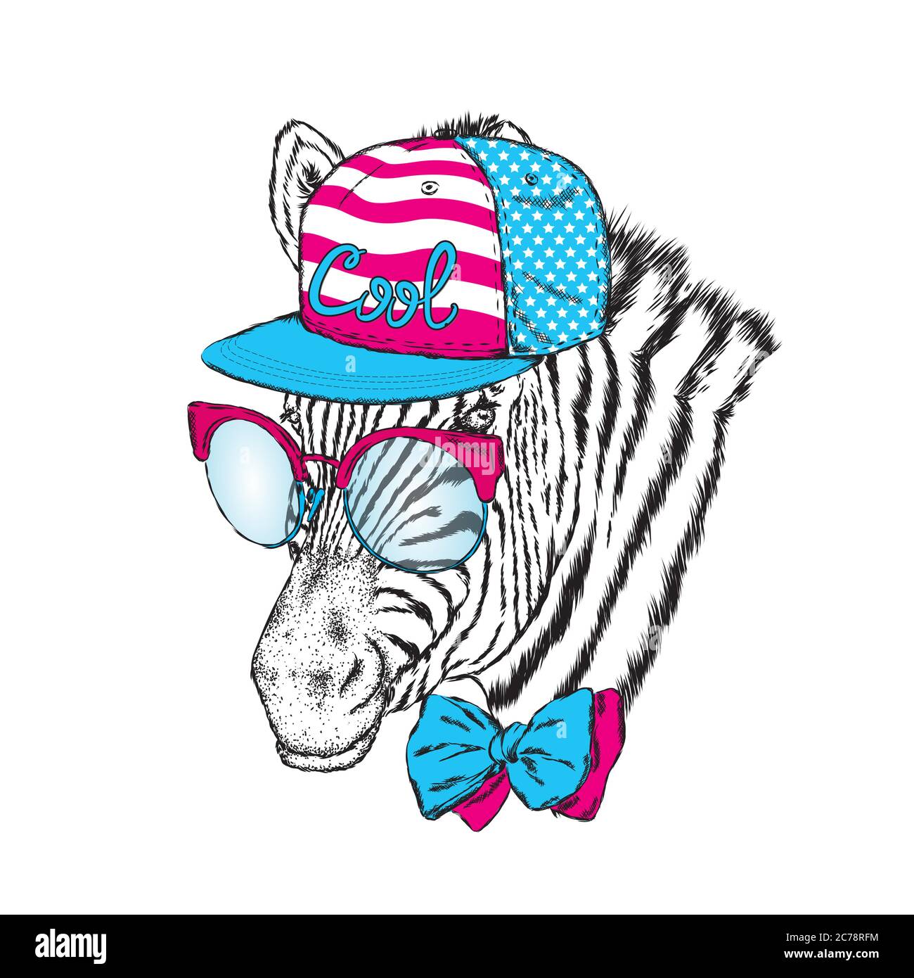 Una zebra in un cappello, bicchieri e cravatta. Illustrazione vettoriale. Illustrazione Vettoriale