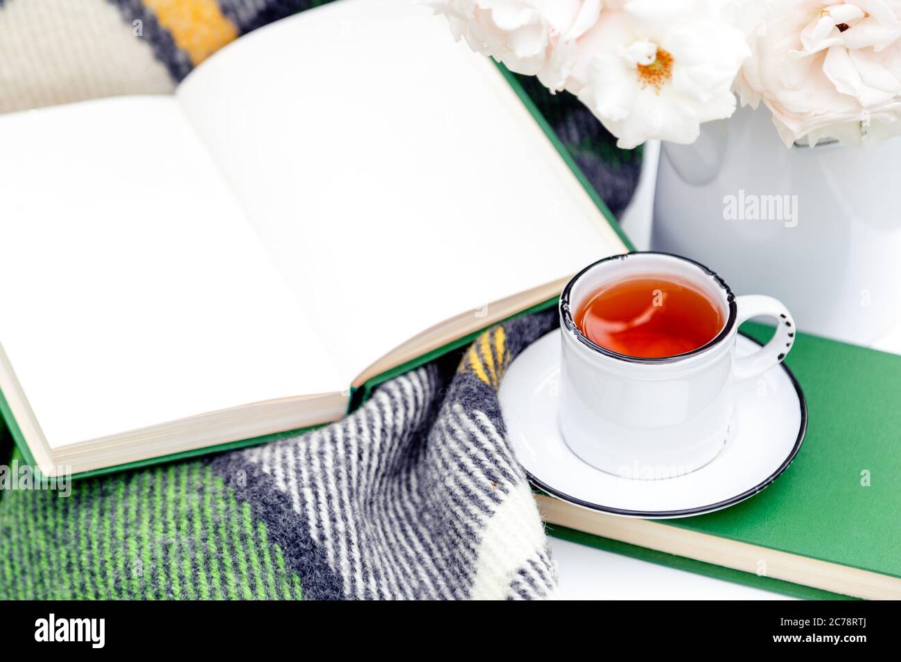 Tazza di tè vintage vicino a libro aperto, fiori rosa bianca selvatica in vaso, plaid caldo su tavola bianca fuori in giardino. Colazione romantica con Foto Stock