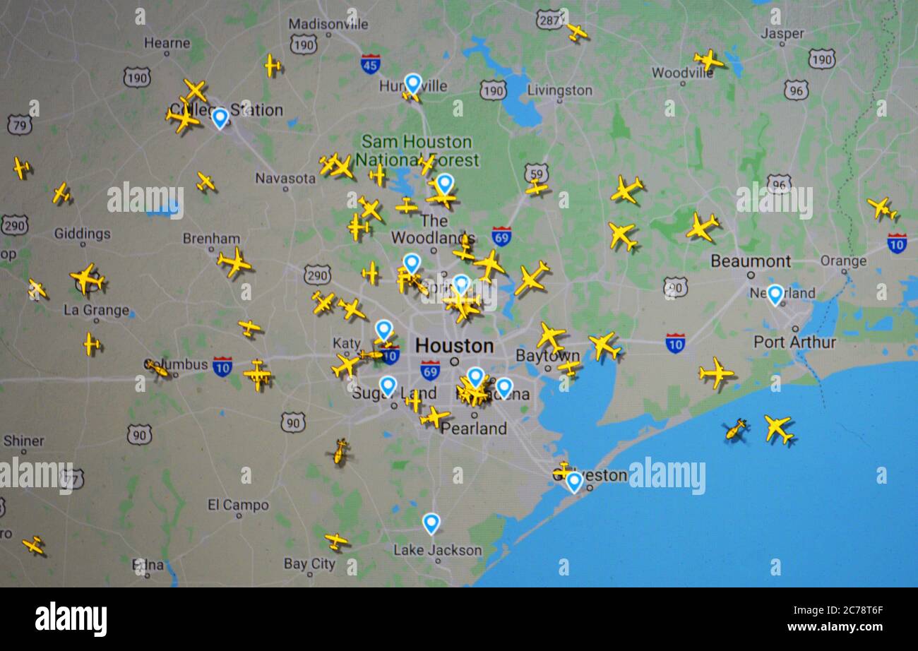 Traffico aereo su Houston aera, USA, (14 luglio 2020, UTC 21.58) su Internet con il sito Flightradar 24, durante il Coronavirus Pandemic Foto Stock