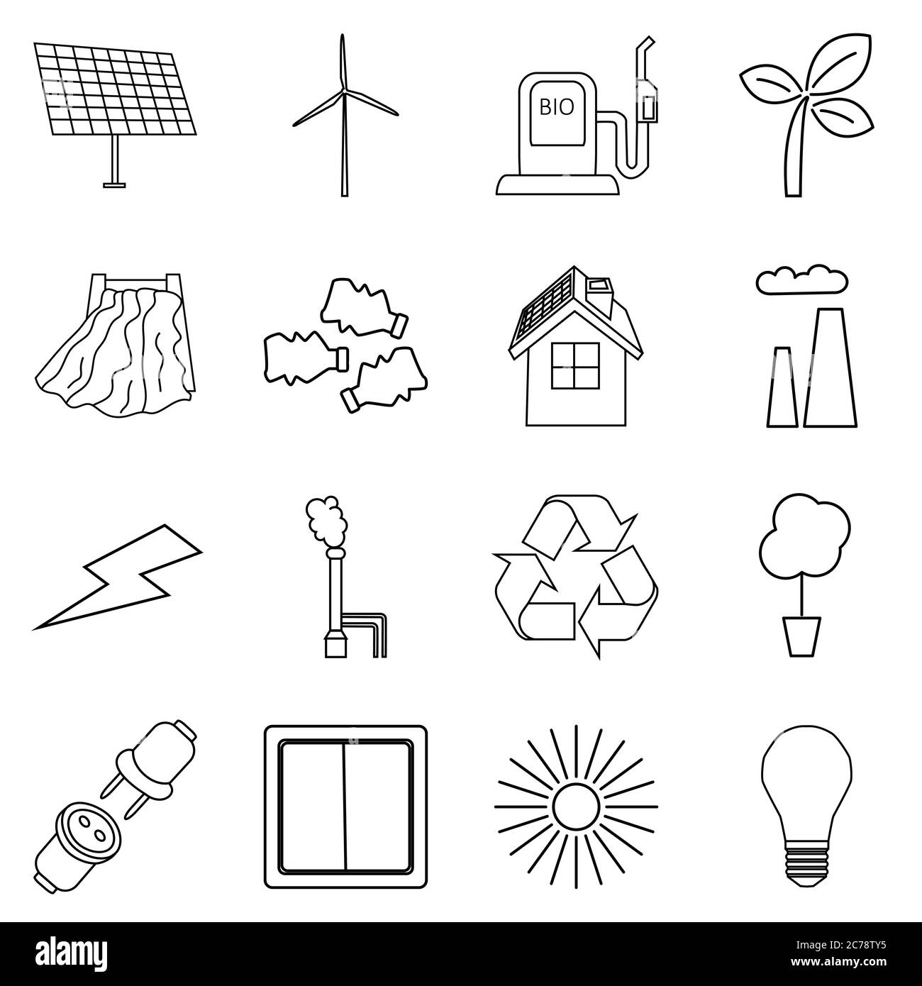 Insieme vettoriale di semplici icone ecologiche isolate su sfondo bianco. Contiene icone di produzione di elettricità, generatori di vento, pannelli solari, Illustrazione Vettoriale