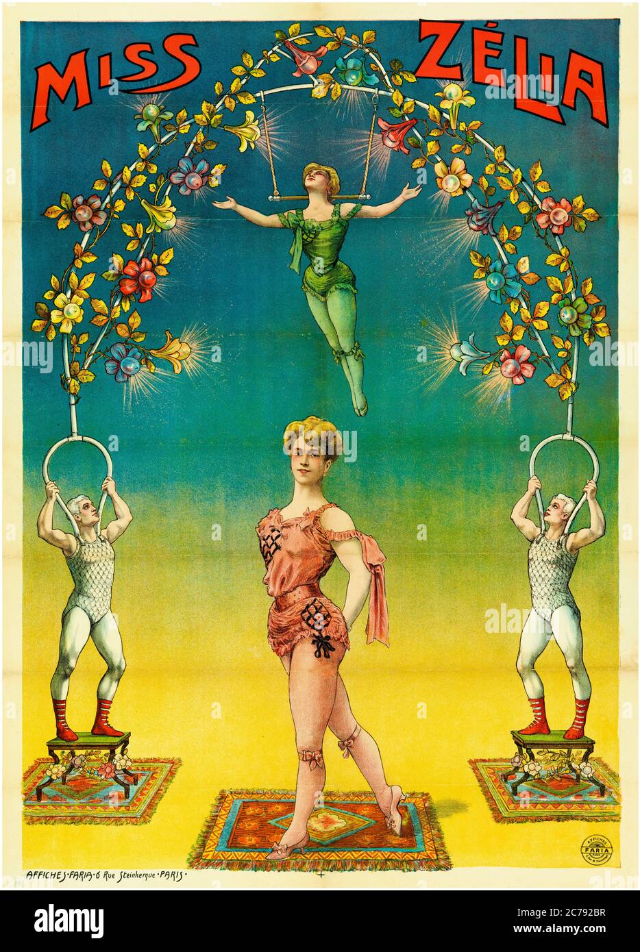 Miss Zélia, artista trapezio, aeralista, poster circense, 1890-1900 Foto Stock