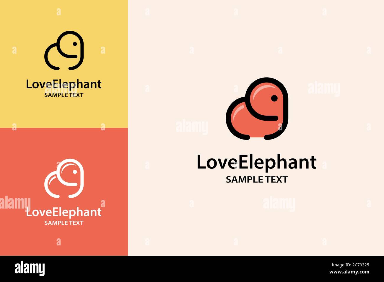 Logo Love Elephant, concetto di design lineare, cute e icona semplice. Illustrazione Vettoriale