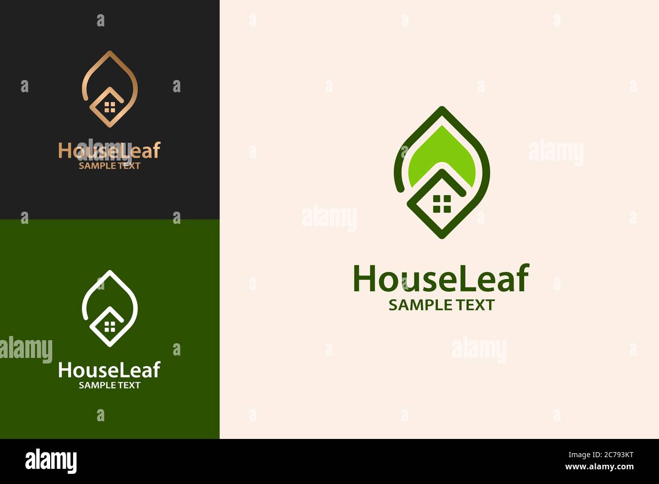 Concetto di Leaf House Logo Design. Illustrazione Vettoriale