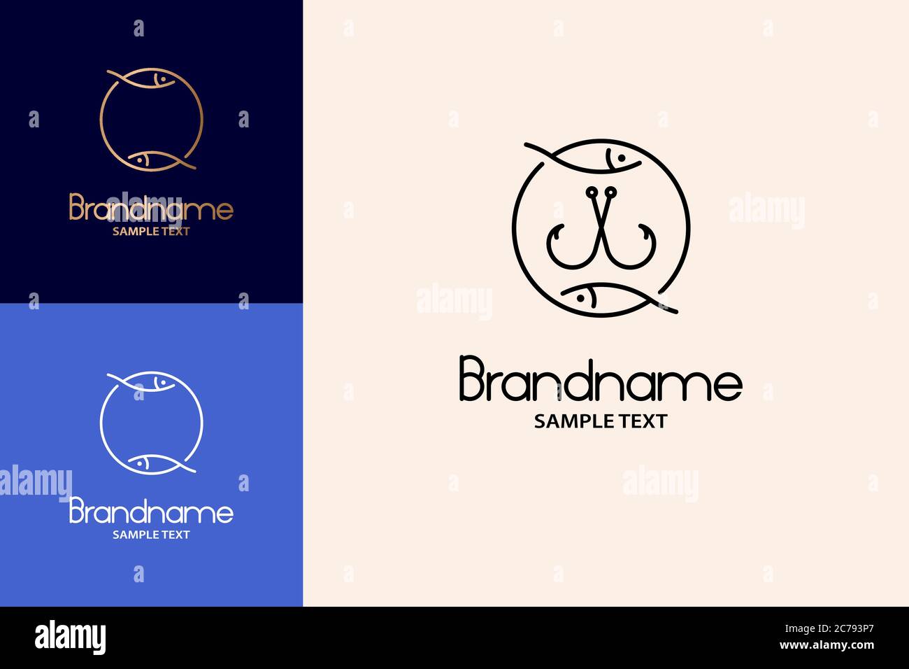 Logo fishhook Design disegnato a mano, doppio logo di pesce. Illustrazione Vettoriale