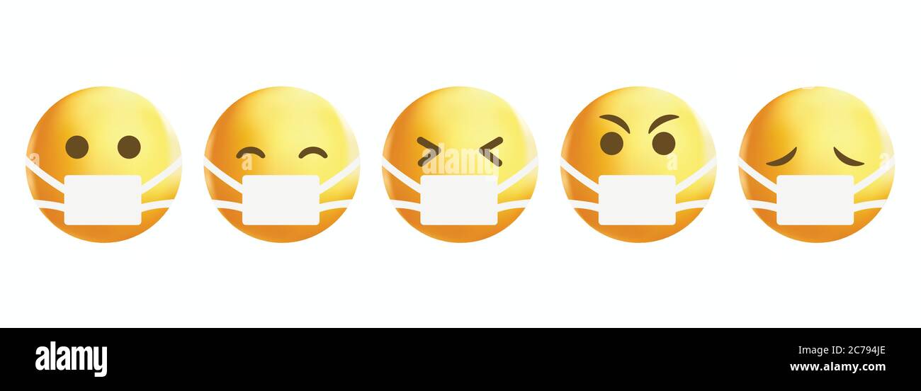 Emoticon popolari di alta qualità isolate su uno sfondo bianco.faccia gialla con maschere mediche.Emoji set con espressioni diverse.Emoticon vector.Mask. Illustrazione Vettoriale