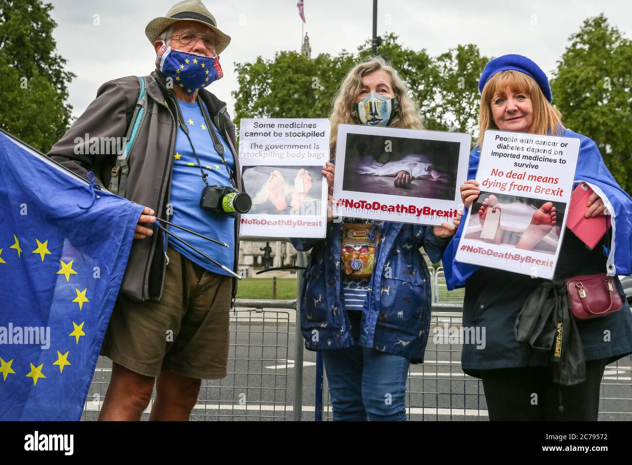 Westminster, Londra, Regno Unito. 15 luglio 2020. I manifestanti e gli attivisti pro-europei anti Brexit intorno a Steve (Steven) Bay tengono la loro protesta settimanale fuori dalle porte della Camera del Parlamento e in Piazza del Parlamento, Westminster come MP's Hold PMQ all'interno della Camera dei Comuni. Credit: Imageplotter/Alamy Live News Foto Stock