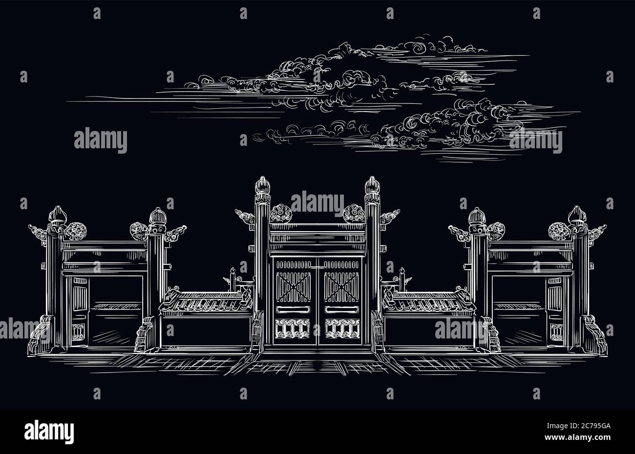 Porta Lingxing di fronte al Tempio del Paradiso a Pechino, punto di riferimento della Cina. Illustrazione dello schizzo vettoriale disegnata a mano in bianco isolato su nero Illustrazione Vettoriale