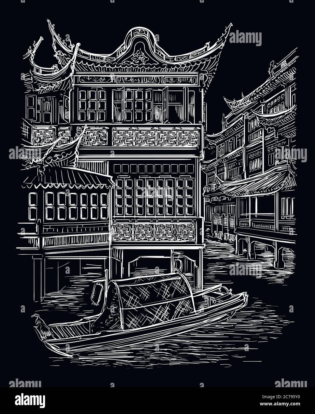 Giardino Yuyuan (Giardino della felicità), Città Vecchia di Shanghai, punto di riferimento della Cina. Illustrazione dello schizzo vettoriale disegnata a mano in bianco isolato su b nero Illustrazione Vettoriale