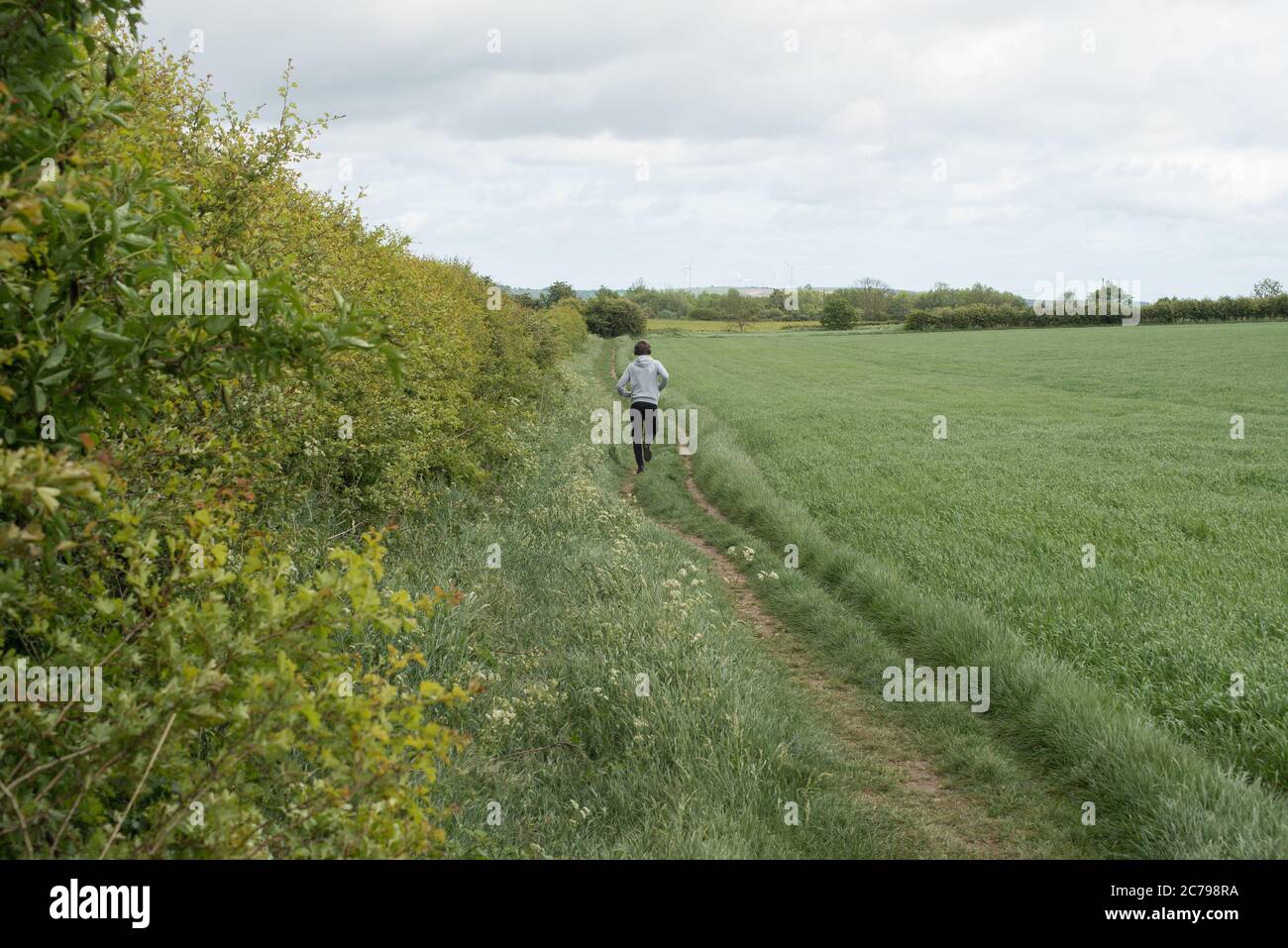 Un giovane maschio che va per una corsa attraverso i campi arabili aperti in tarda primavera Foto Stock