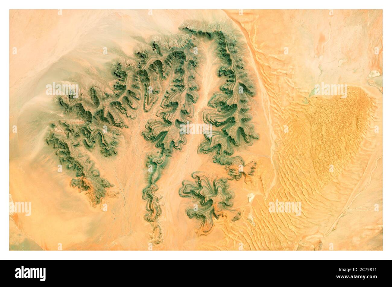 Vista satellitare del deserto, del paesaggio e delle montagne della Namibia. Natura e vista aerea. Forme di fiori. Riscaldamento globale e cambiamento climatico Foto Stock