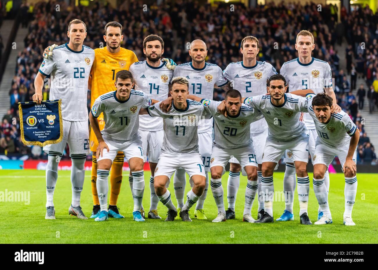 Glasgow, Scozia, Regno Unito – 6 settembre 2019. Foto di squadra della nazionale russa prima della partita di qualificazione UEFA Euro 2020 Scotlan Foto Stock