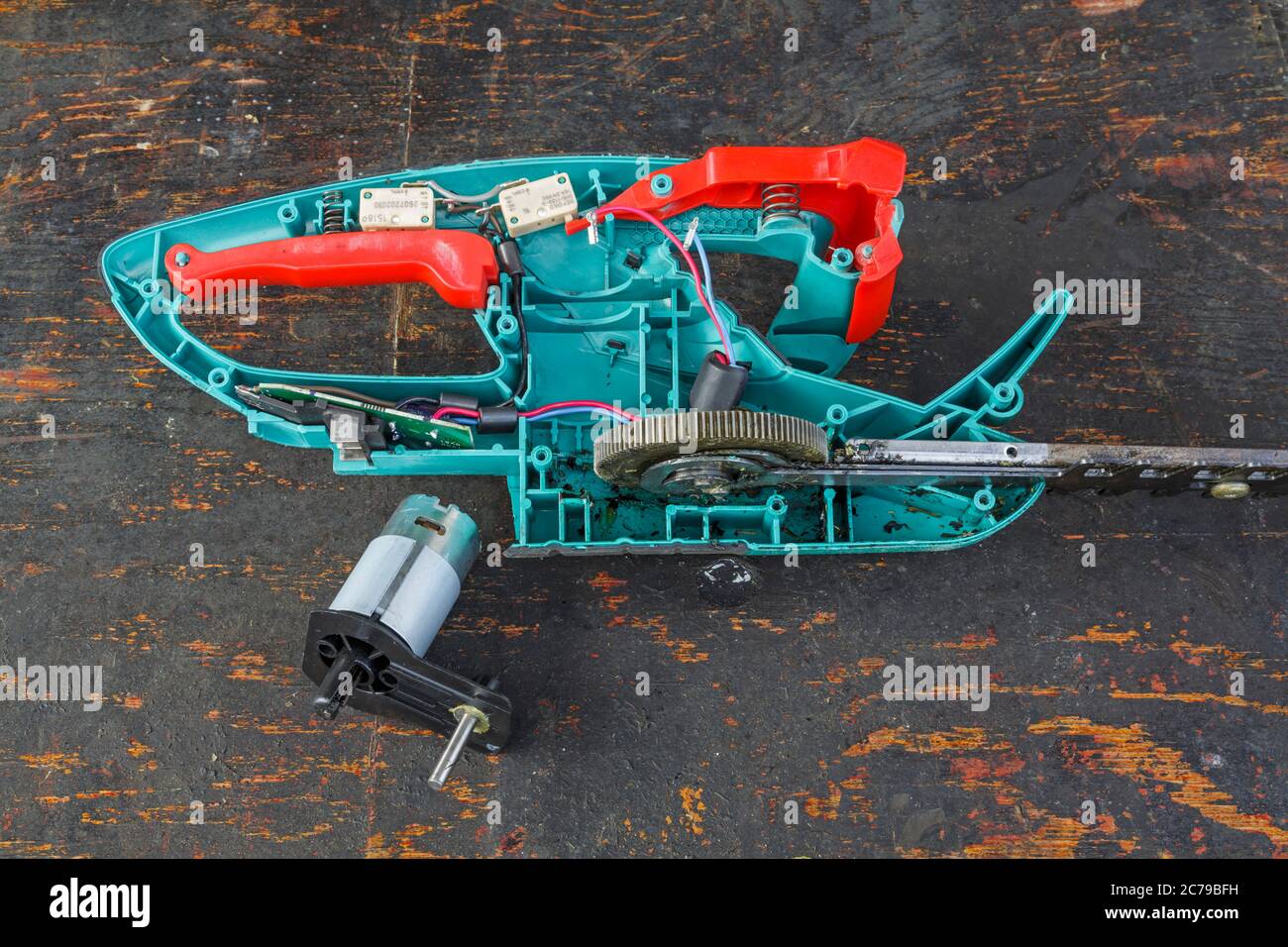 Montaggio di un motore elettrico di ricambio su un tagliasiepi ricaricabile  Bosch, Regno Unito Foto stock - Alamy