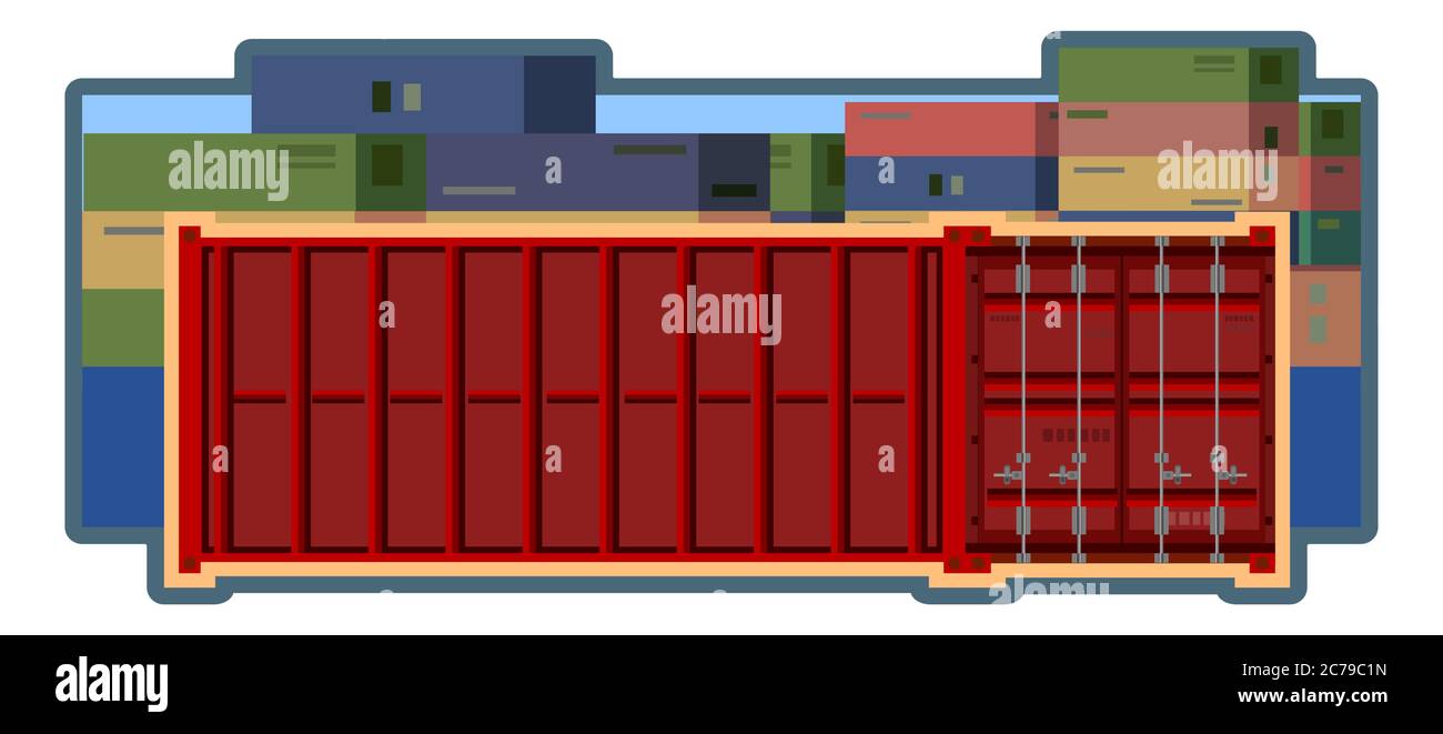 Logistica dei container. Illustrazione vettoriale. Scelta di un contenitore di dimensioni diverse. Consegna del carico. Trasporto locale e internazionale. Immagine per Illustrazione Vettoriale