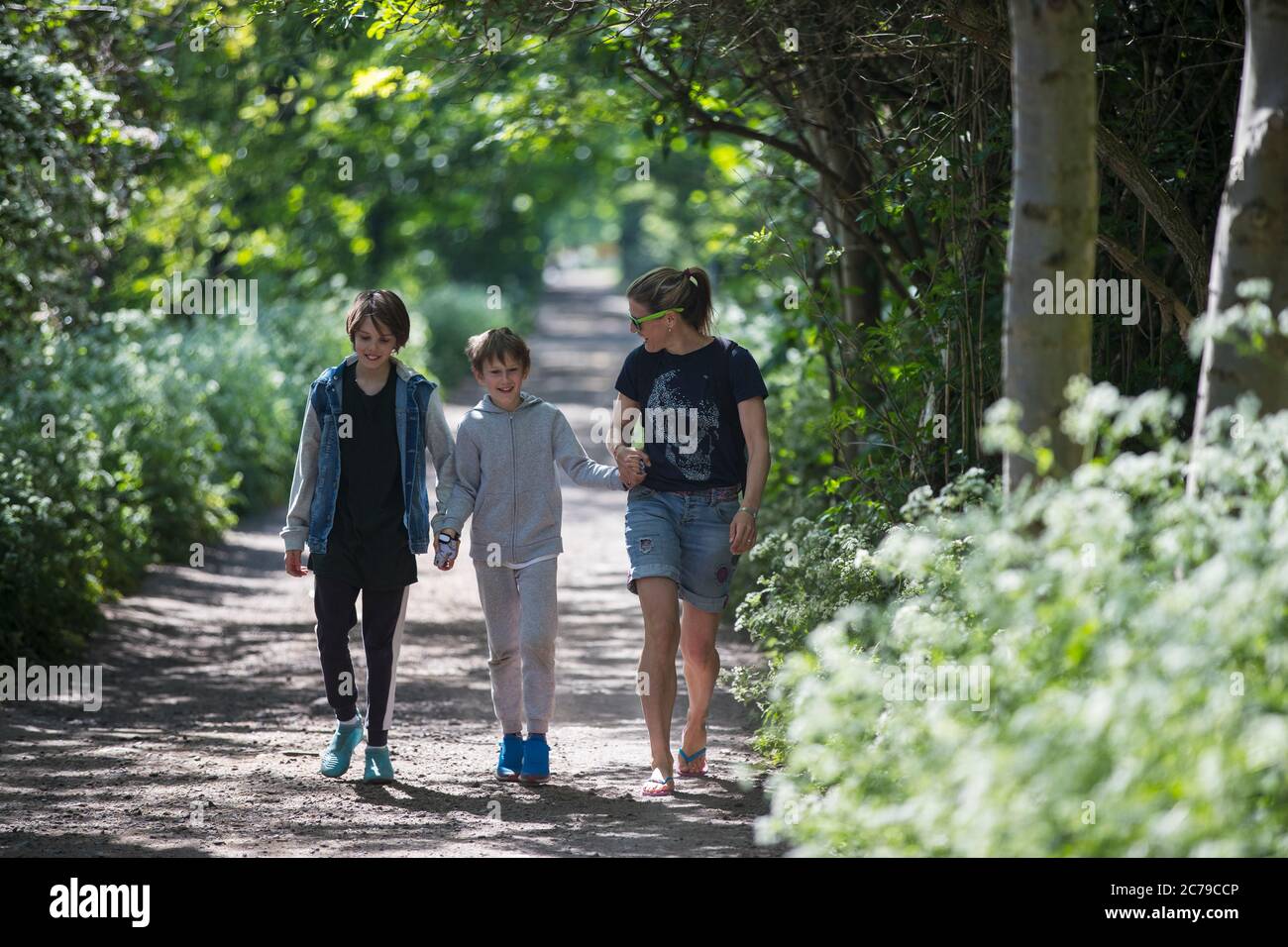 Madre e figli camminano lungo il soleggiato sentiero del parco Foto Stock