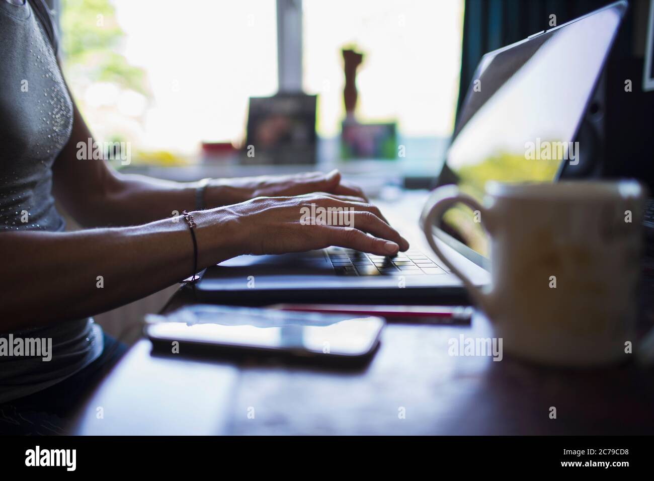 Primo piano donna che scrive sul laptop che lavora da casa Foto Stock