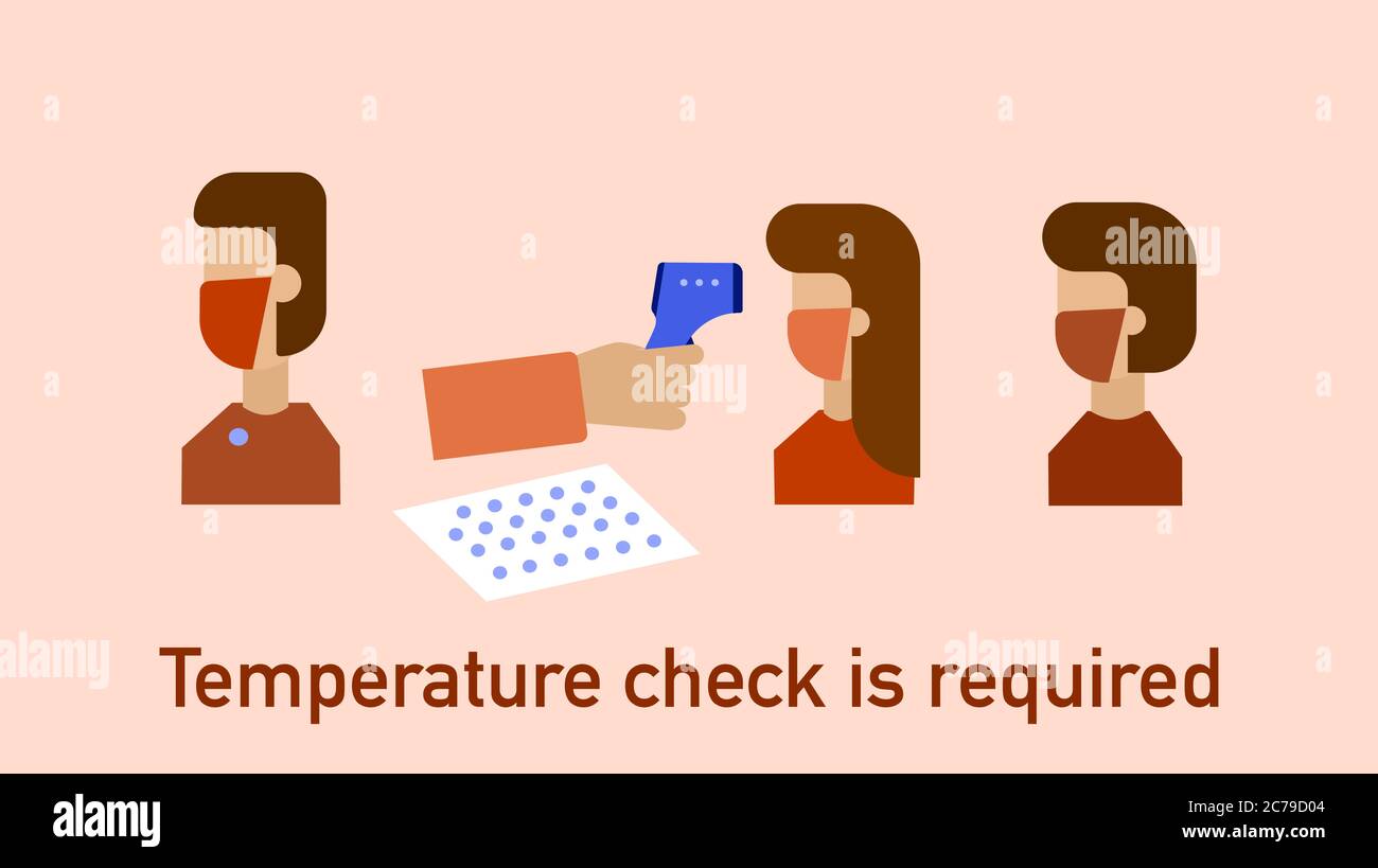 Il controllo della temperatura corporea o la misurazione con un adesivo a punti indicano che il test è stato superato. Protezione e prevenzione delle politiche COVID-19 Illustrazione Vettoriale