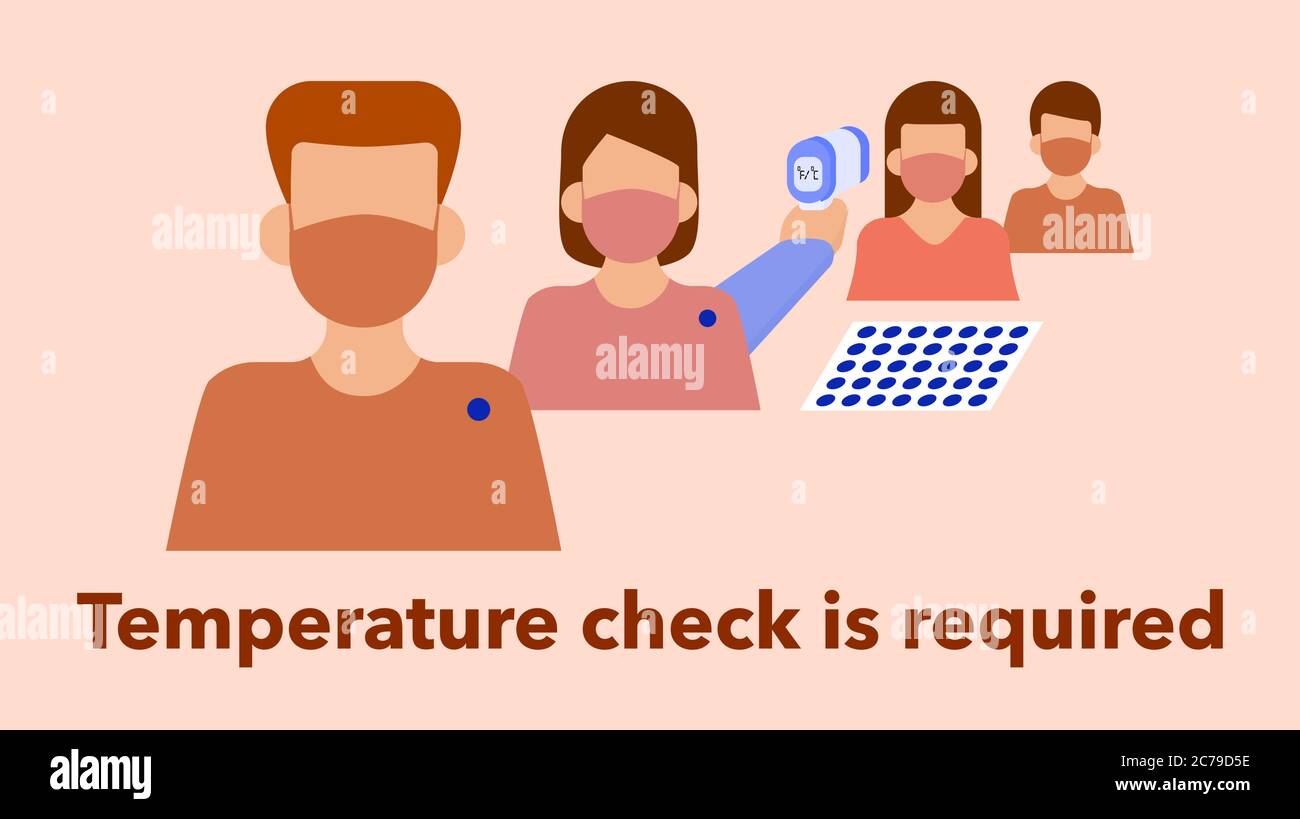 Il controllo della temperatura corporea o la misurazione con un adesivo a punti indicano che il test è stato superato. Protezione e prevenzione delle politiche COVID-19 Illustrazione Vettoriale