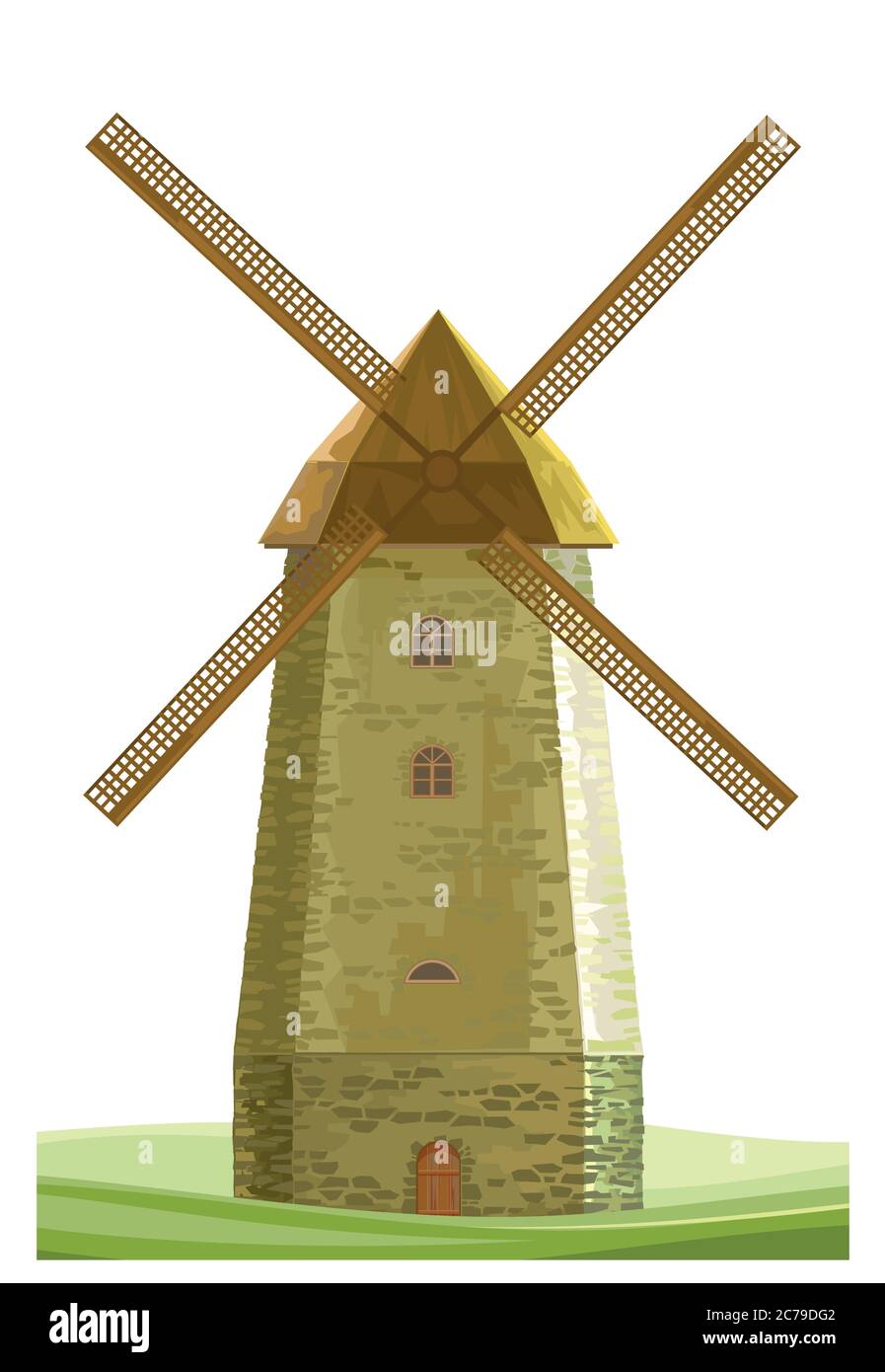 Vettore isolato mulino su sfondo bianco. Wind Mill farina Farm. Antico edificio in pietra tradizionale olandese con macine di farina. RU contadino Illustrazione Vettoriale
