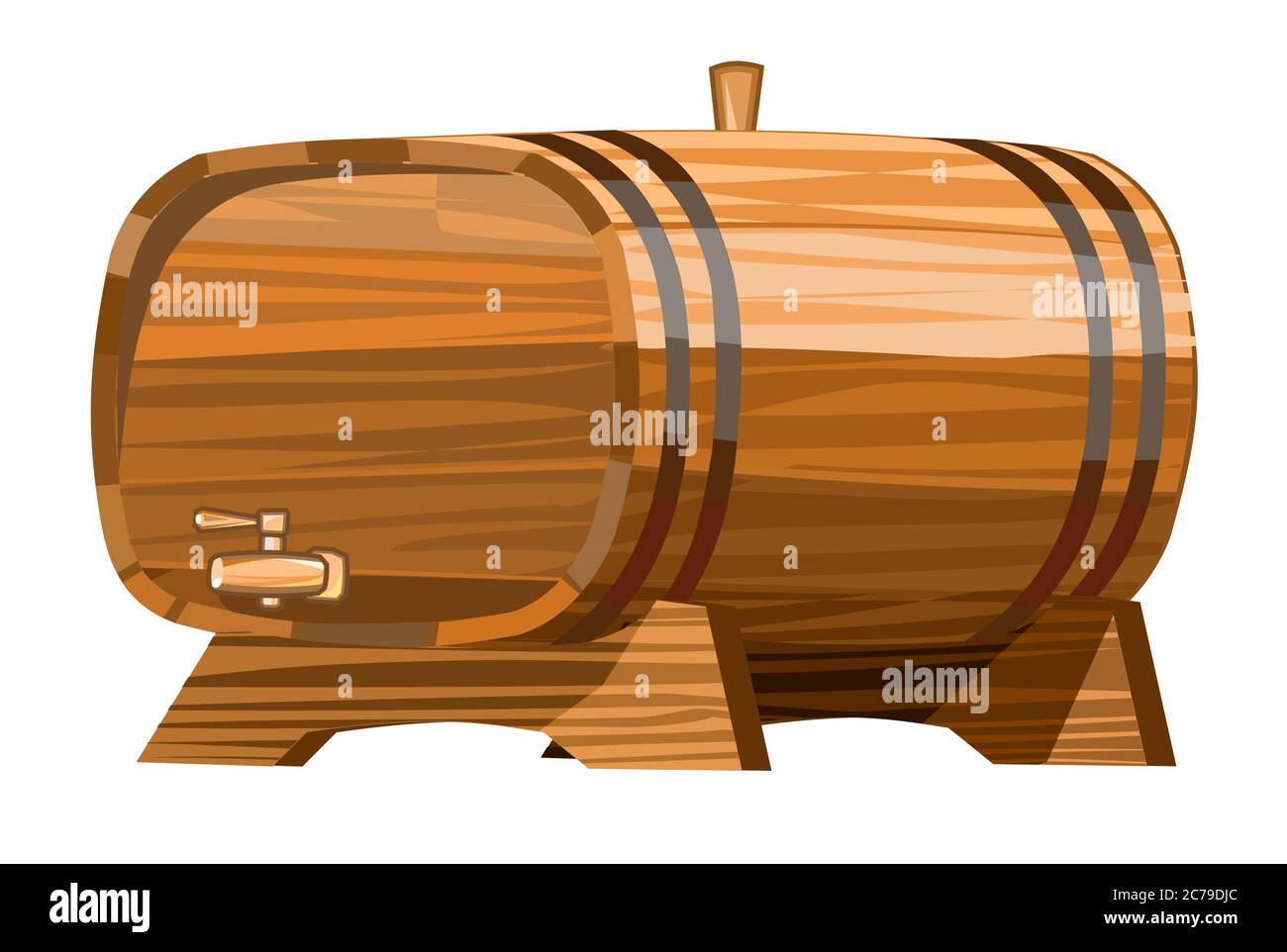 Un barile di vino o birra. Vettore. Barile di legno per alcool. Oggetto isolato su sfondo trasparente. Cartoni animati stile piatto. Illustrazione Vettoriale