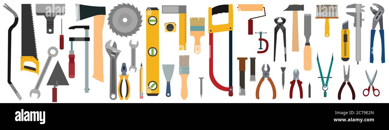Strumenti sfondo orizzontale. Oggetti vettoriali isolati. Istuments carpentiere, padrone di casa, handyman. Riparazione di locali, buildings.set Illustrazione Vettoriale