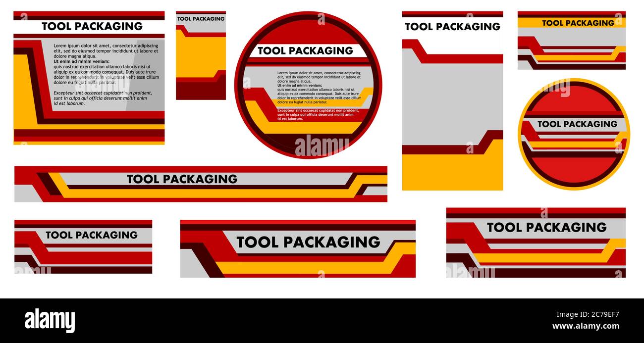 Concetto di progettazione per gli strumenti di imballaggio. Branding dei prodotti tecnici industriali: Utensili, ricambi, accessori, materiali di consumo. Set di etichette astratte per pac Illustrazione Vettoriale