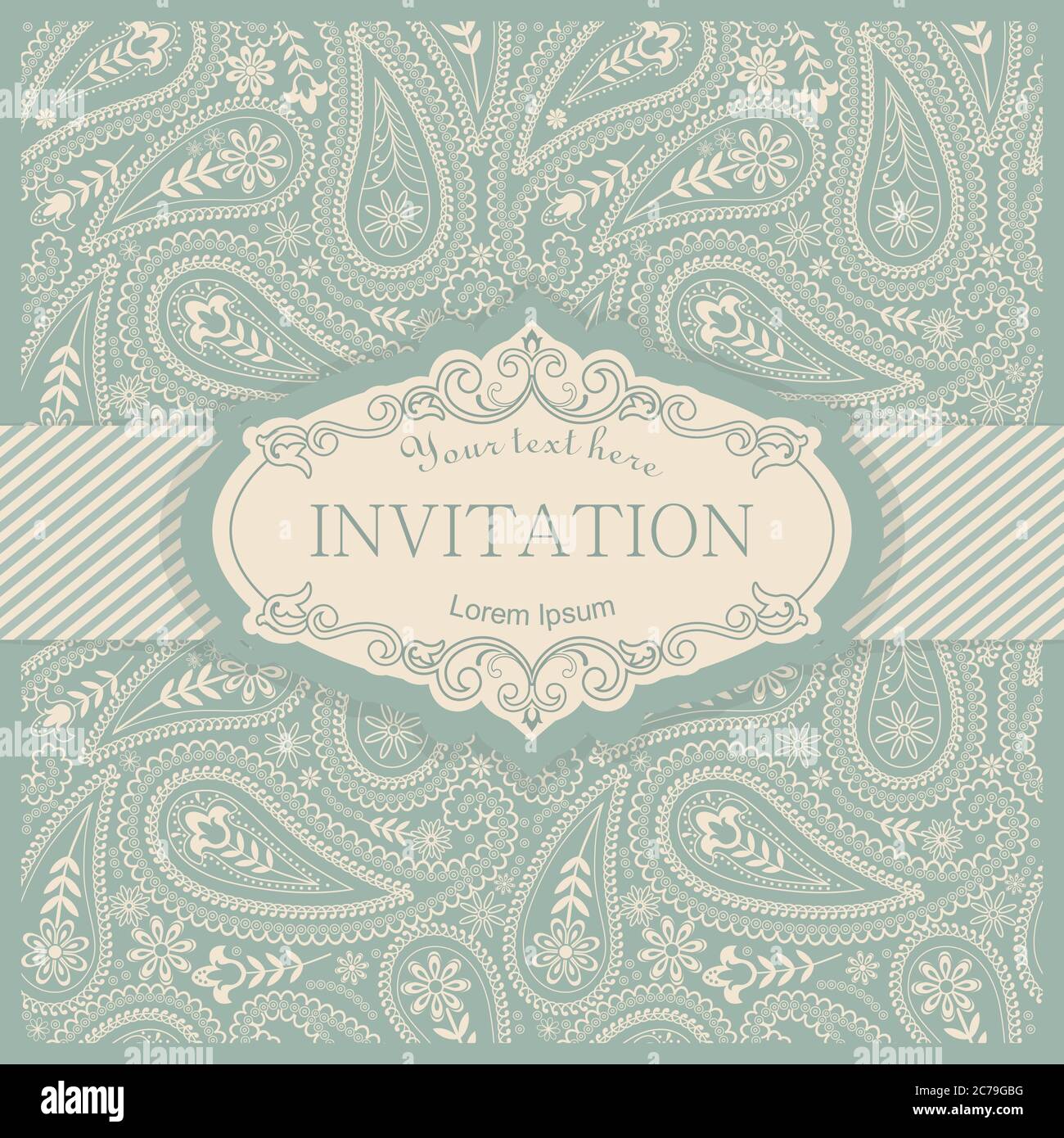 Elegante modello vintage con motivi ornamentali e cornice decorativa. Design per invito di nozze, biglietto di auguri con elementi Damask Illustrazione Vettoriale