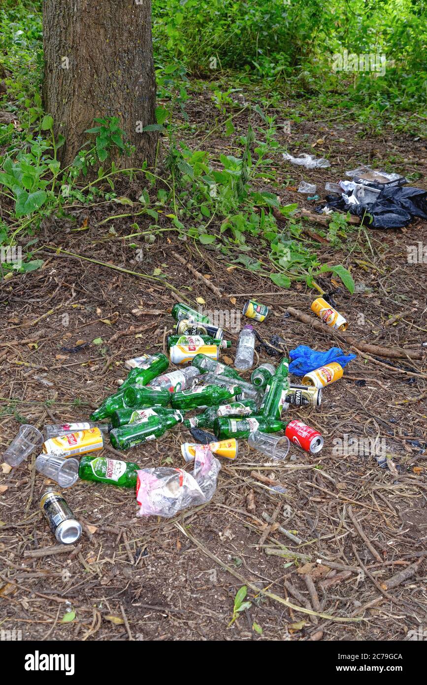 Bottiglie di birra vuote e lattine di bevande usate scaricate in un luogo rurale Foto Stock