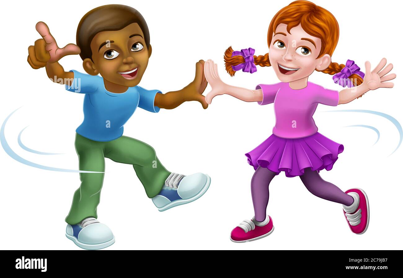 Ragazza e ragazzo Cartoon bambini bambini Dancing Illustrazione Vettoriale