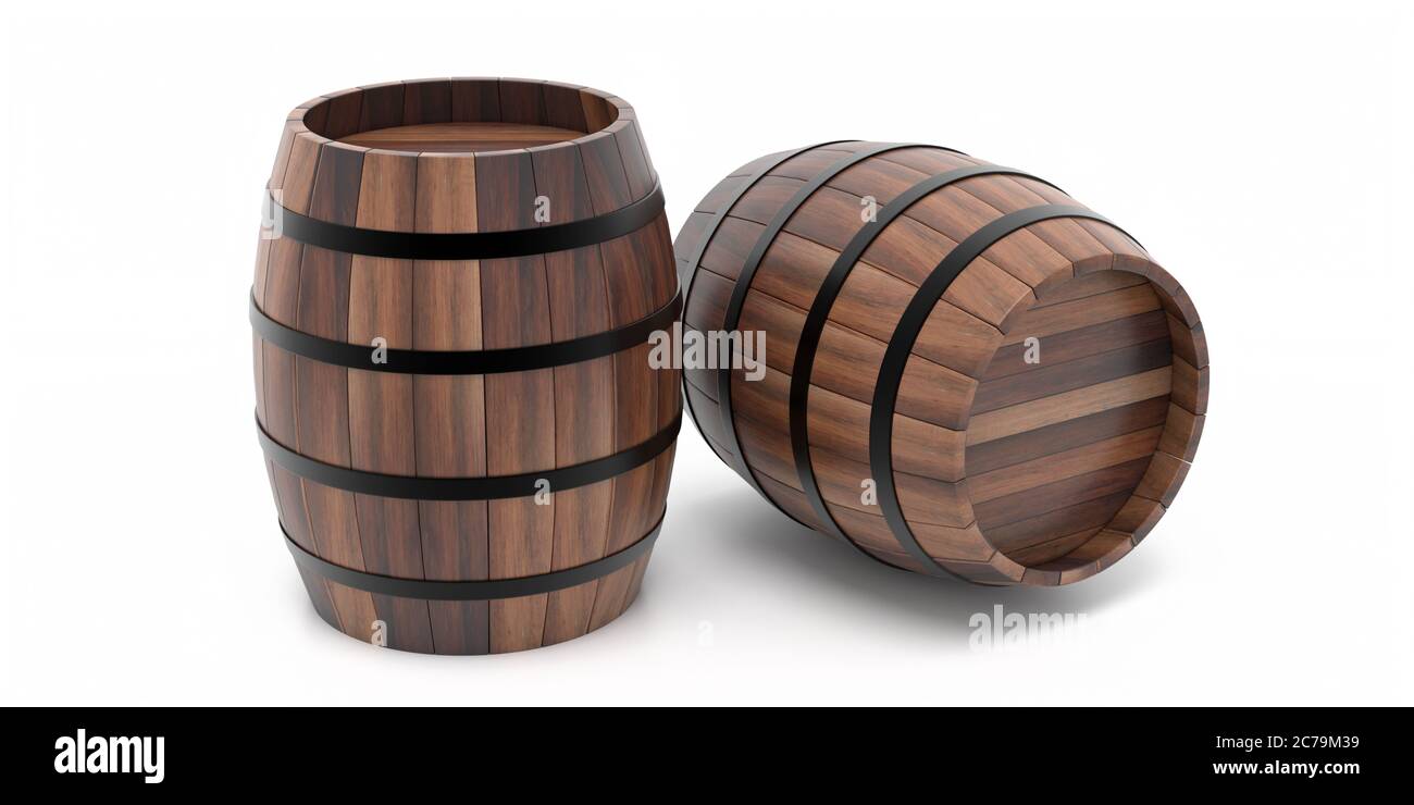 Whisky, cantina di bourbon concetto. Vecchi barili di vino in legno isolati su sfondo bianco. illustrazione 3d Foto Stock