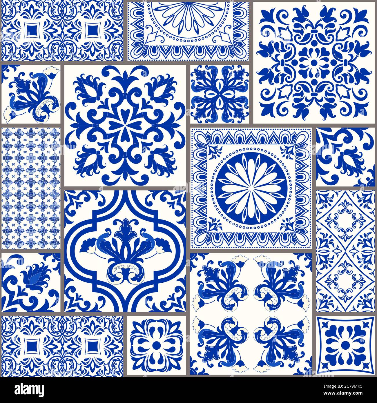 Set di piastrelle Azulejos in blu, bianco. Decorazioni originali tradizionali portoghesi e spagnole. Piastrelle in ceramica in stile talavera. Mosaico di Gaudi. Vettore Illustrazione Vettoriale