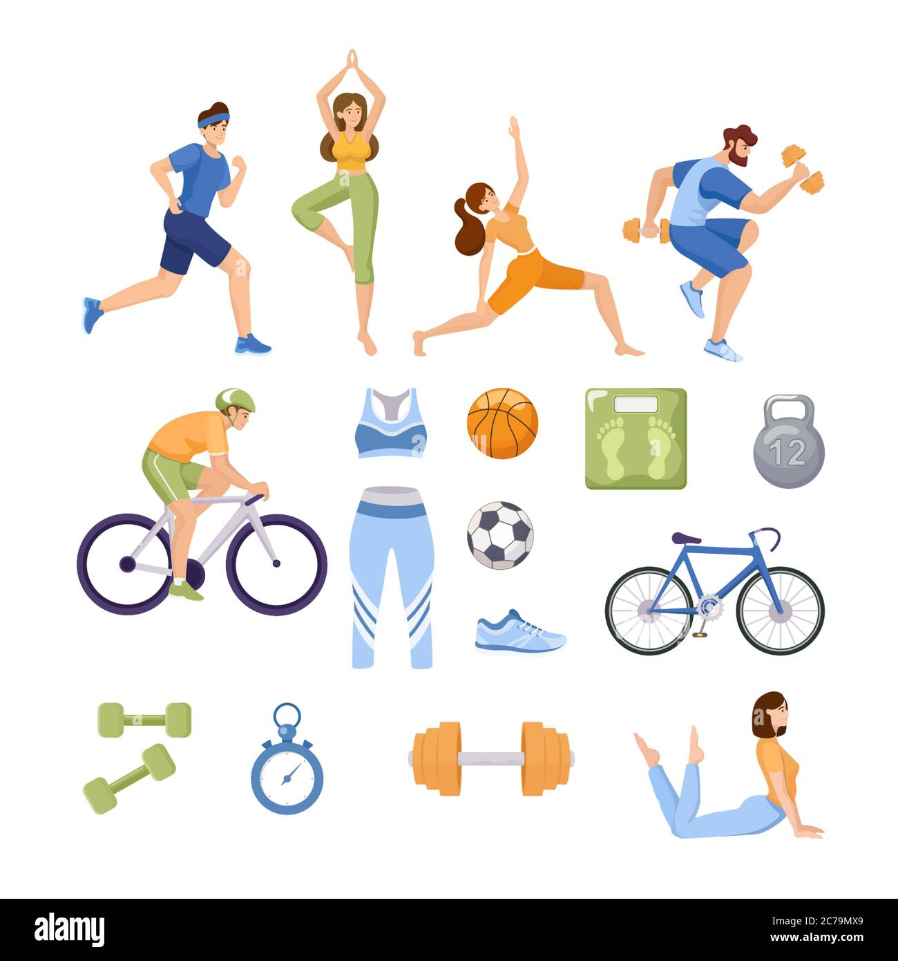 Set di articoli sportivi. Persone felici in abiti sportivi facendo allenamento, yoga, e stretching. Abbigliamento sportivo, bici, cronometro, manubri, scarpe da running, palla, bilancia vettoriale illustrazione piatta. Illustrazione Vettoriale