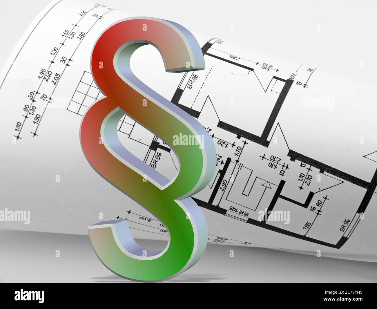 Piano di costruzione per casa familiare, disegno tecnico e paragrafo Foto Stock