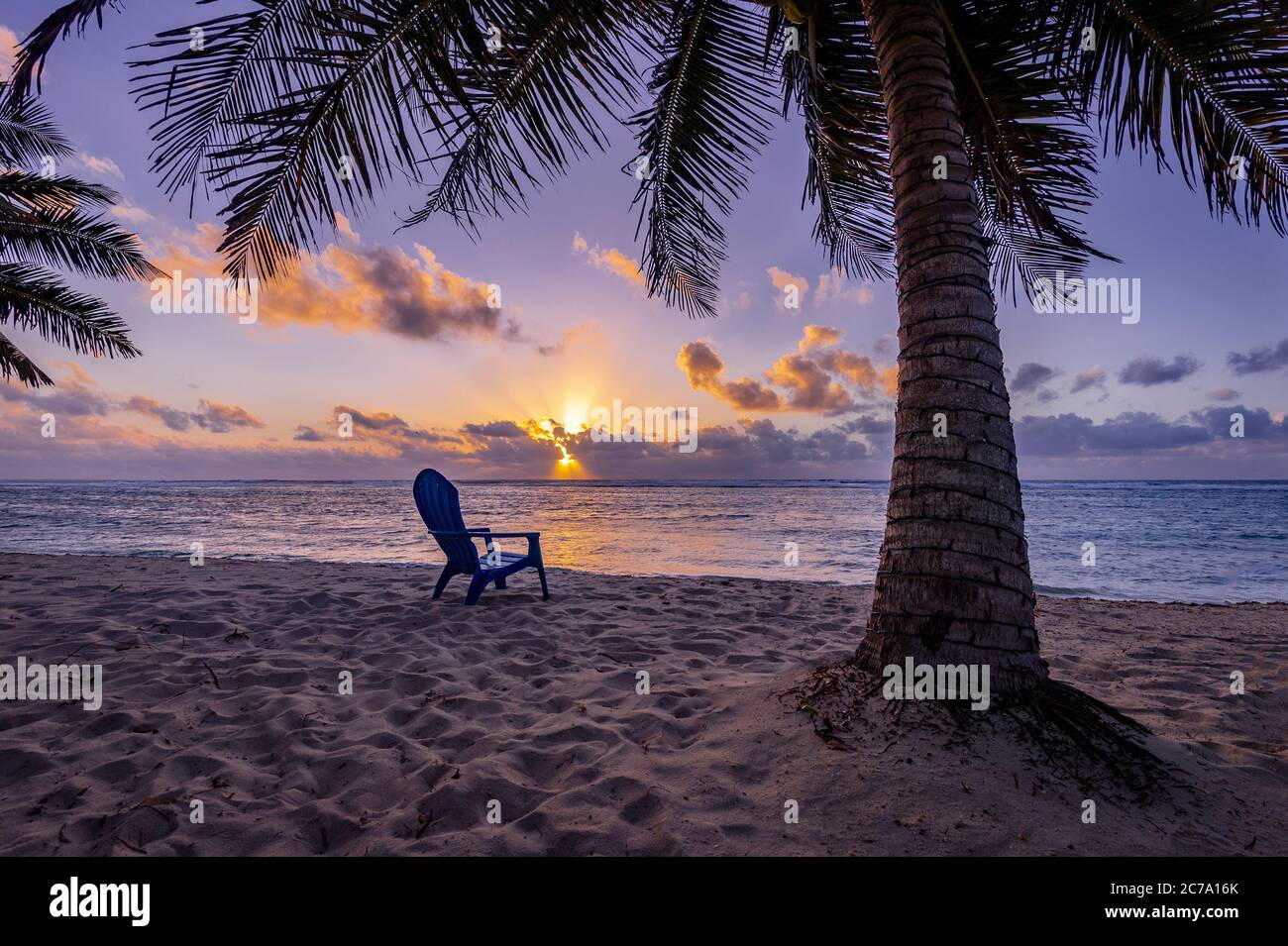 Alba perfetta con sdraio e palme, Grand Cayman Island Foto Stock
