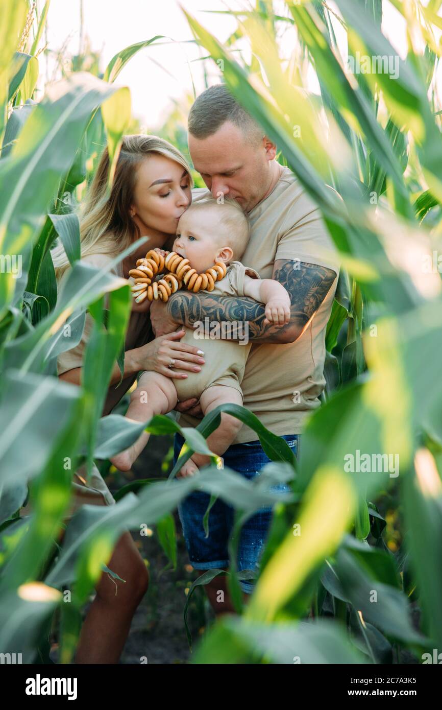 Felici i giovani genitori camminano con il loro bambino e baciano il suo fra il campo di mais. Foto Stock