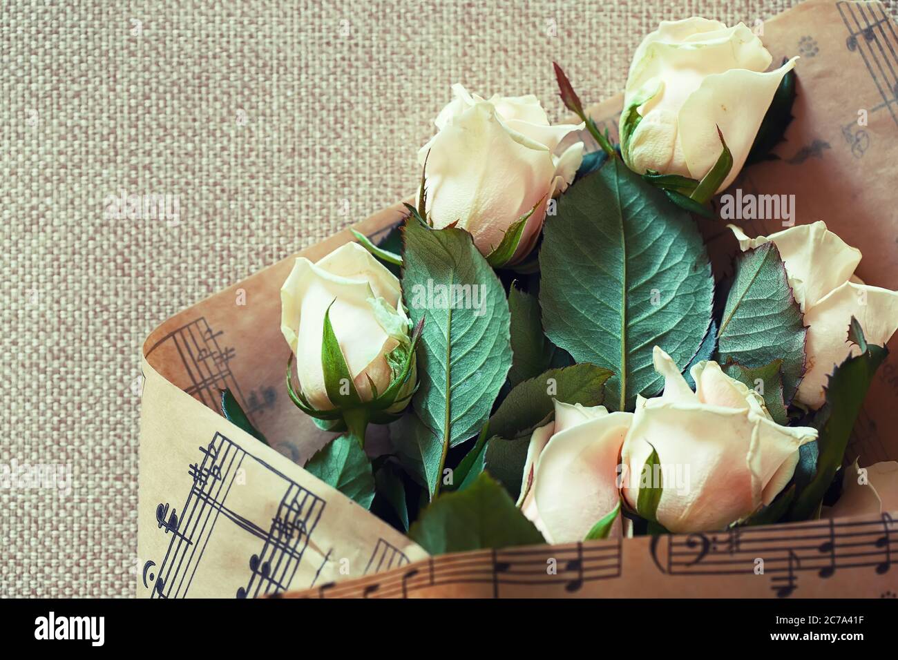 Bouquet di rose pastello naturali. Sfondo tessile Foto Stock